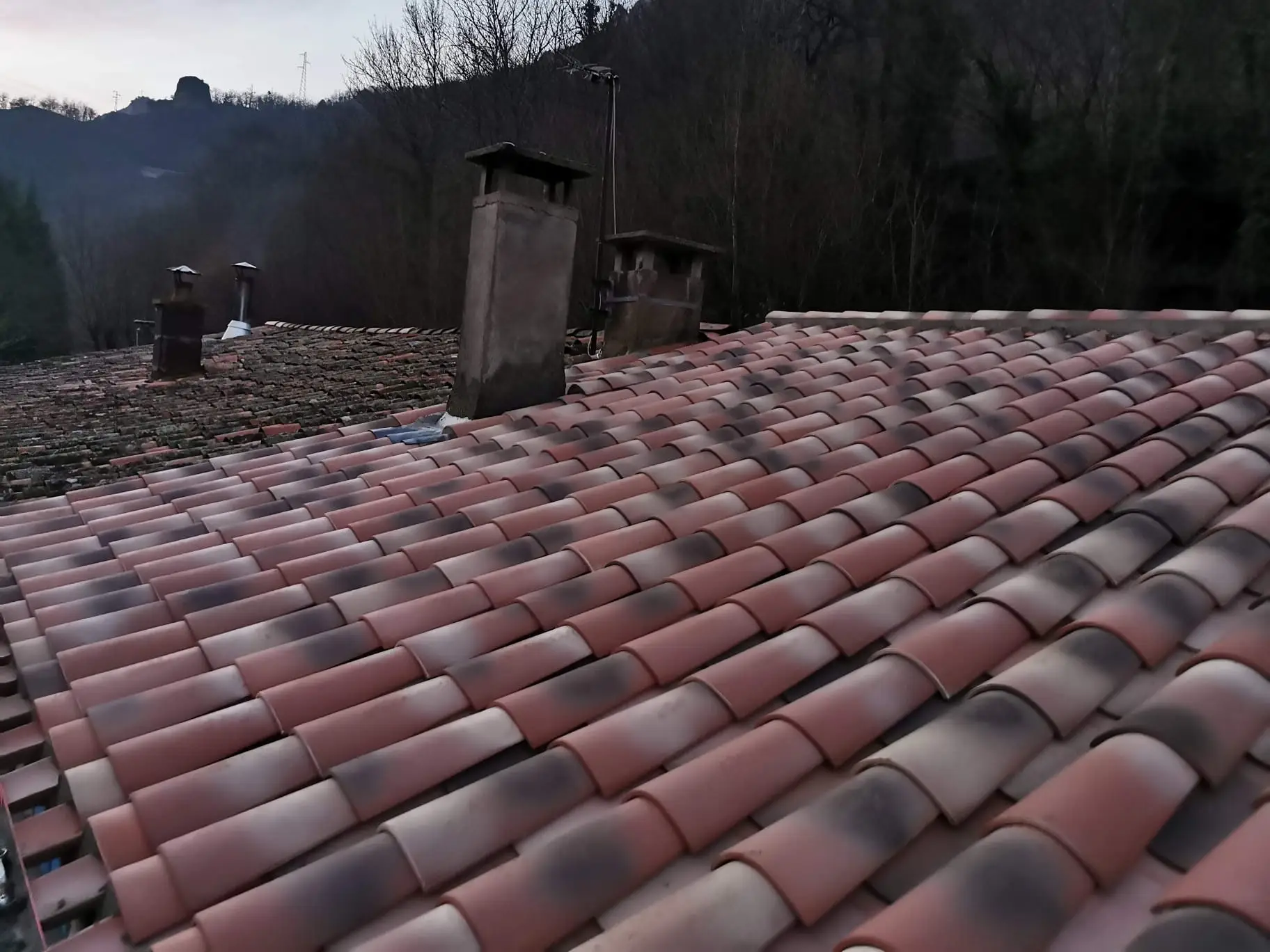 Toiture en tuiles canal achevée avec ses trois souches de cheminée, dans la lumière de fin de journée, adossée à un versant boisé